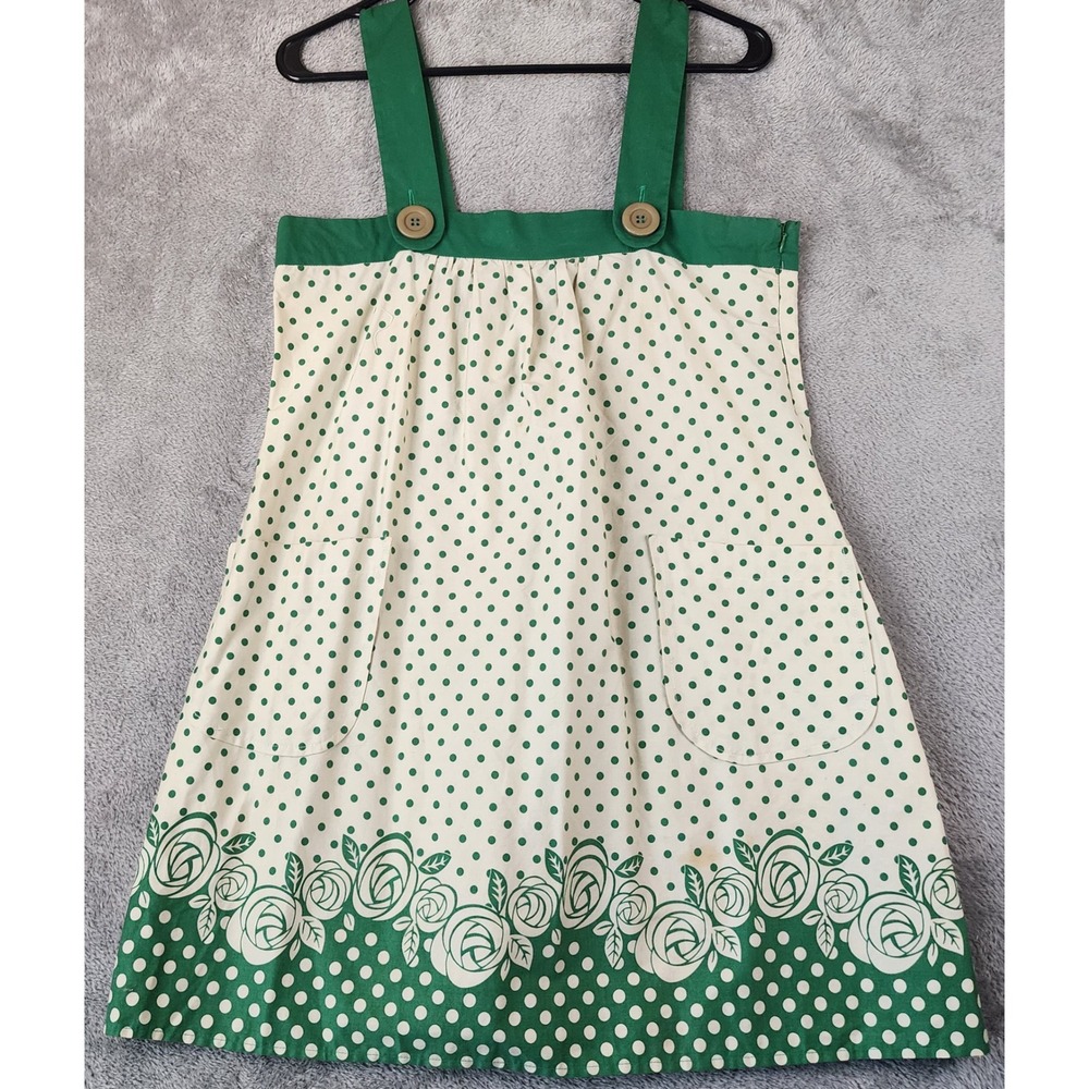 Rhapsody Mini Dress Womens Small Green Polka Dot Floral Rose Retro Pockets